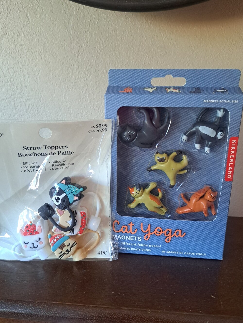 Kikkerland Cat Yoga Magnets 5 Pack &  4-pack of Ashland Cat Straw Toppers . Bunc